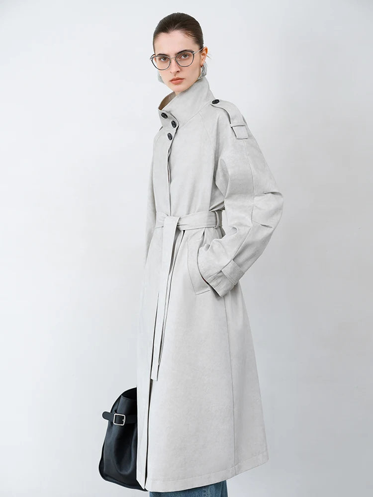 Pale Grey High Collar Belted Trench