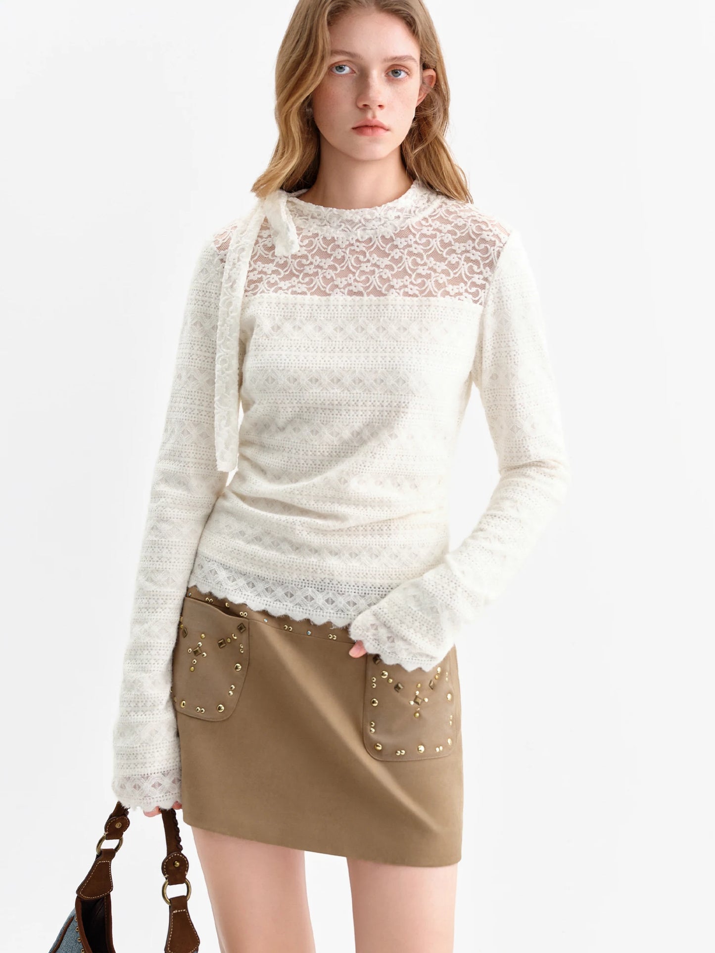 White Lace Panel Long Sleeve Top