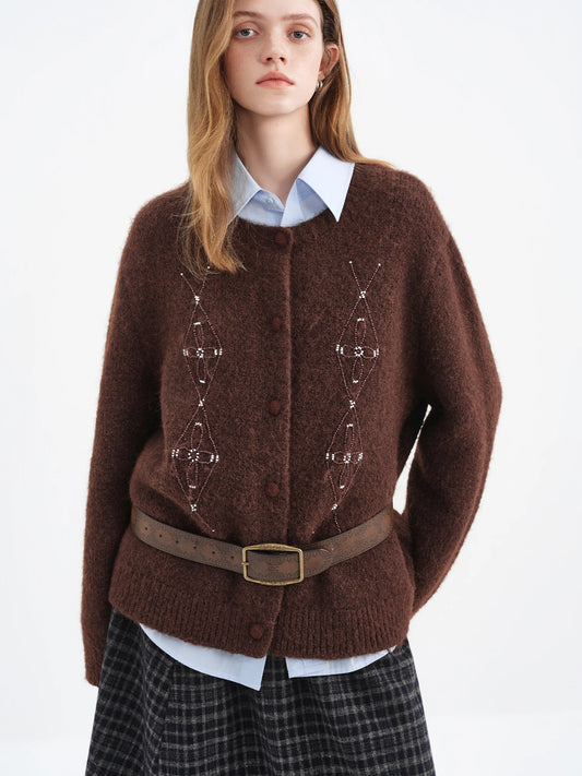 Chocolate Beaded Belted Knit Cardigan