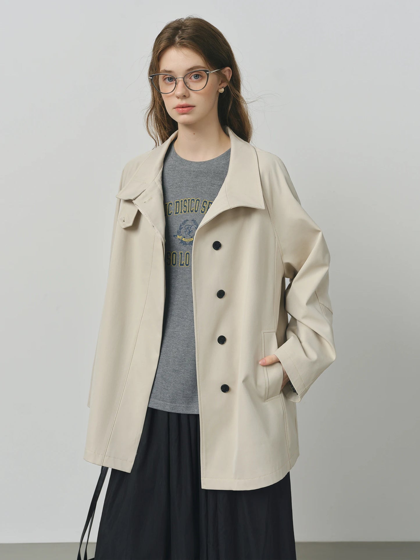 Light Grey Stand Collar Belted Trench