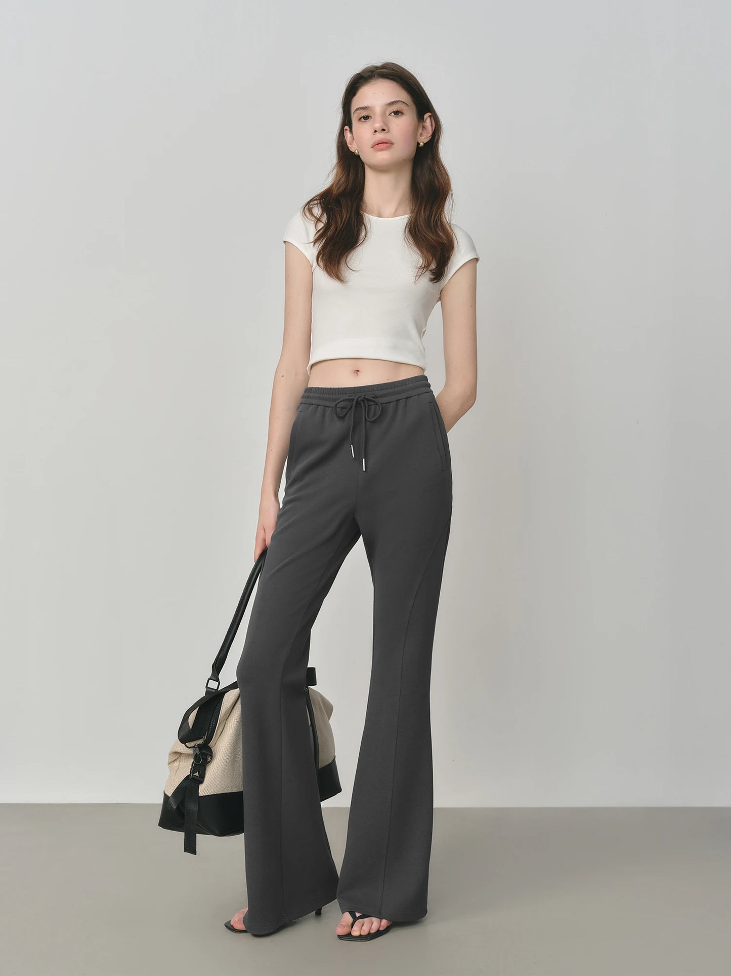 Grey Drawstring Flared Knit Pants