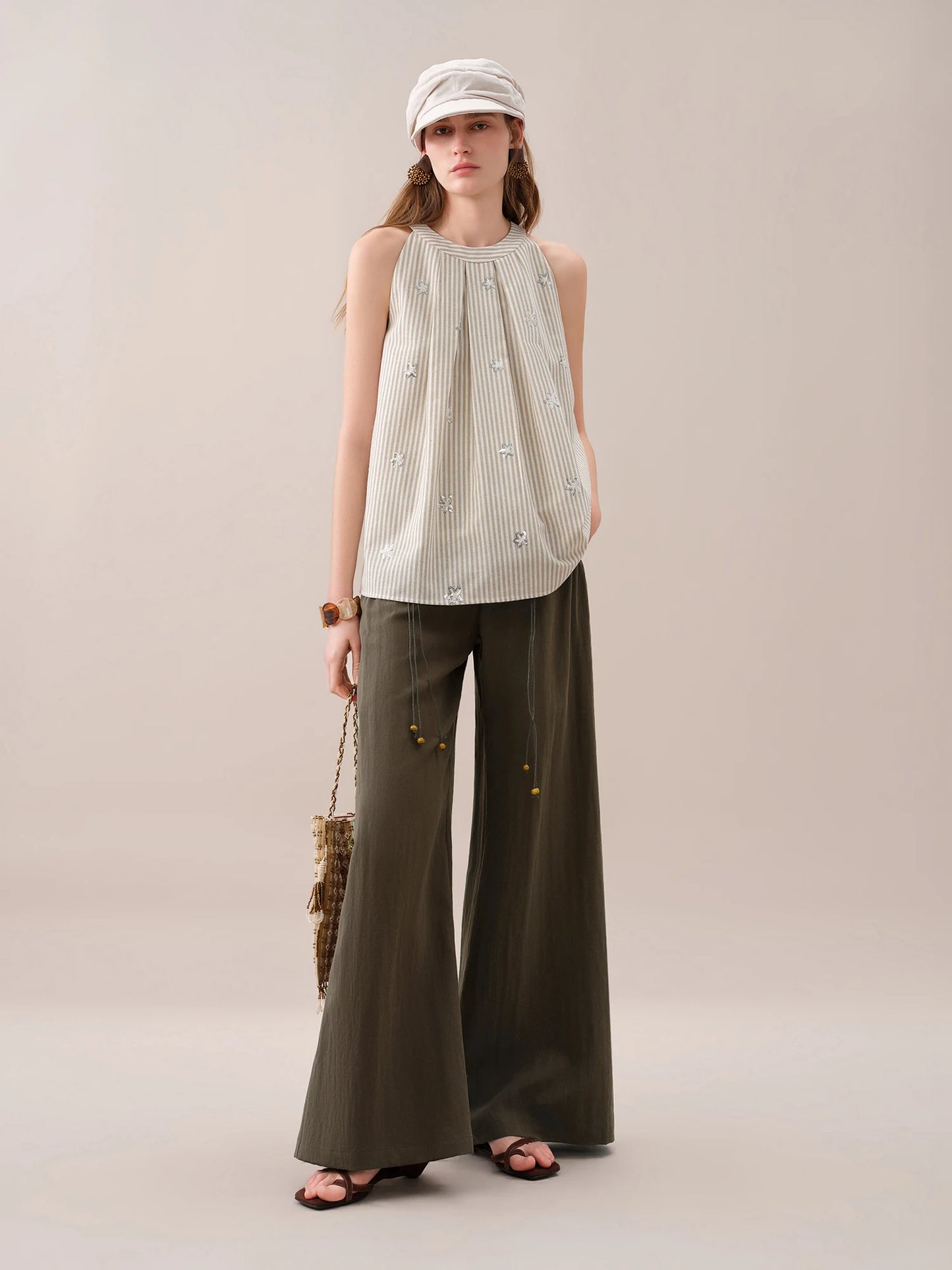 Beige Striped Embroidered Swing Blouse