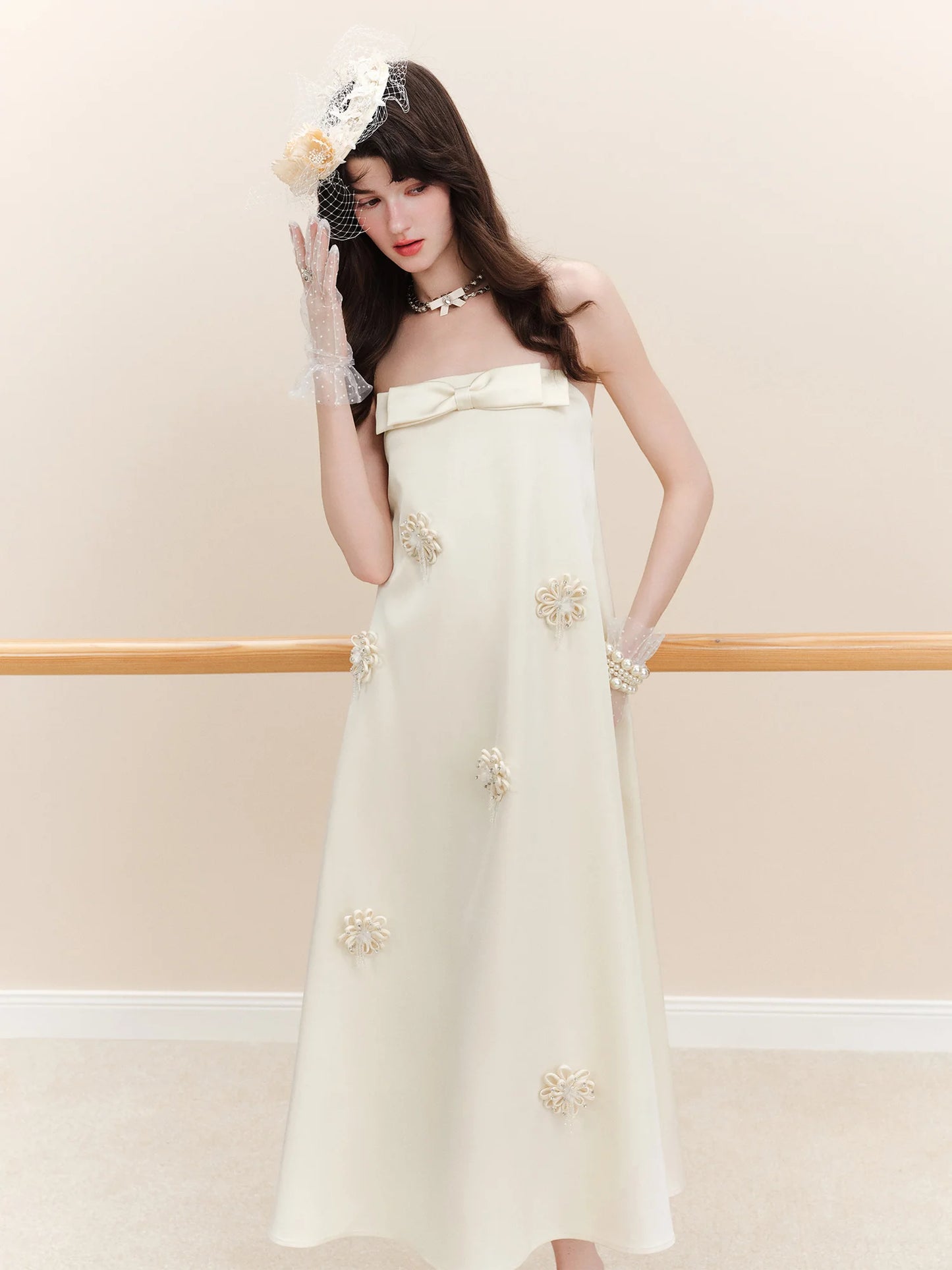 Ivory Strapless Bow Maxi Dress