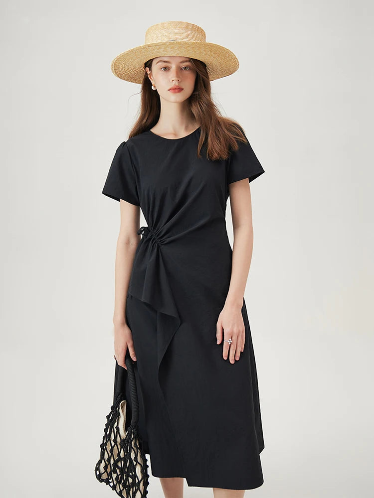 Black Draped Waist Midi Dress
