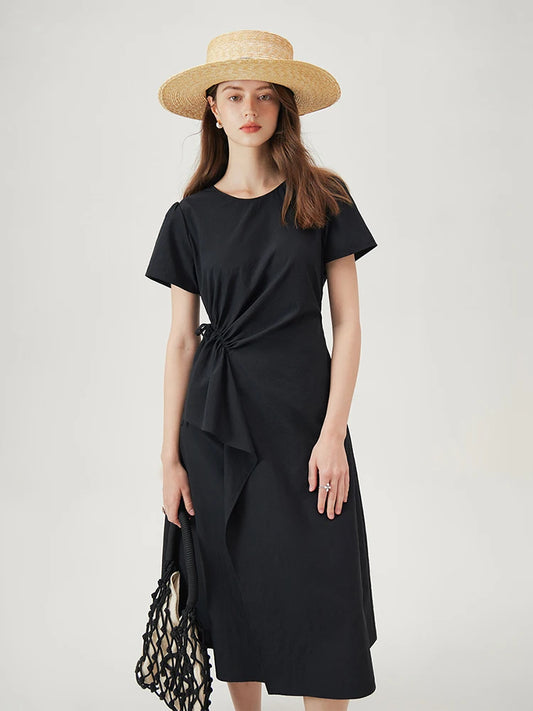 Black Draped Waist Midi Dress