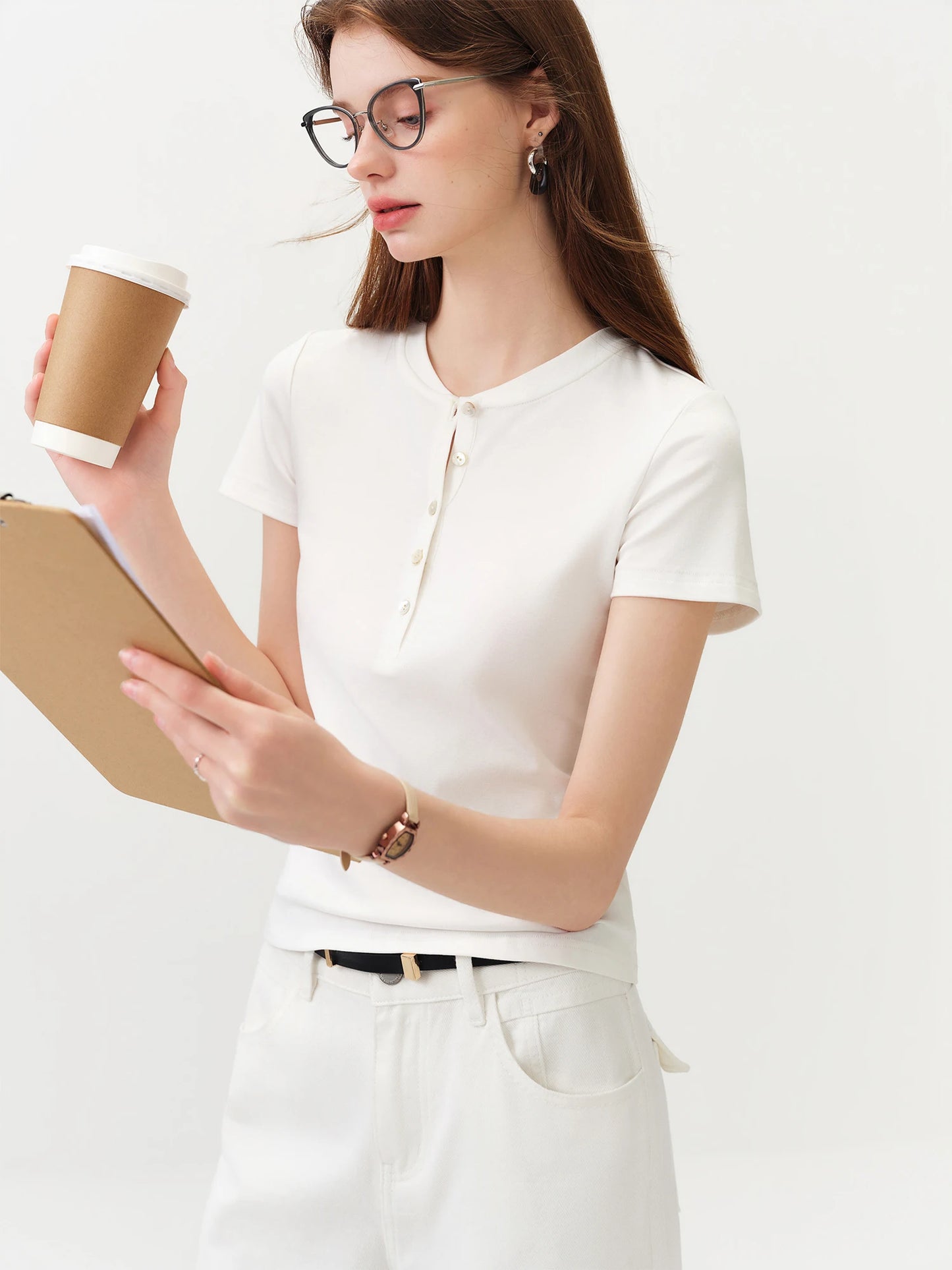 White Button Placket Lyocell Tee