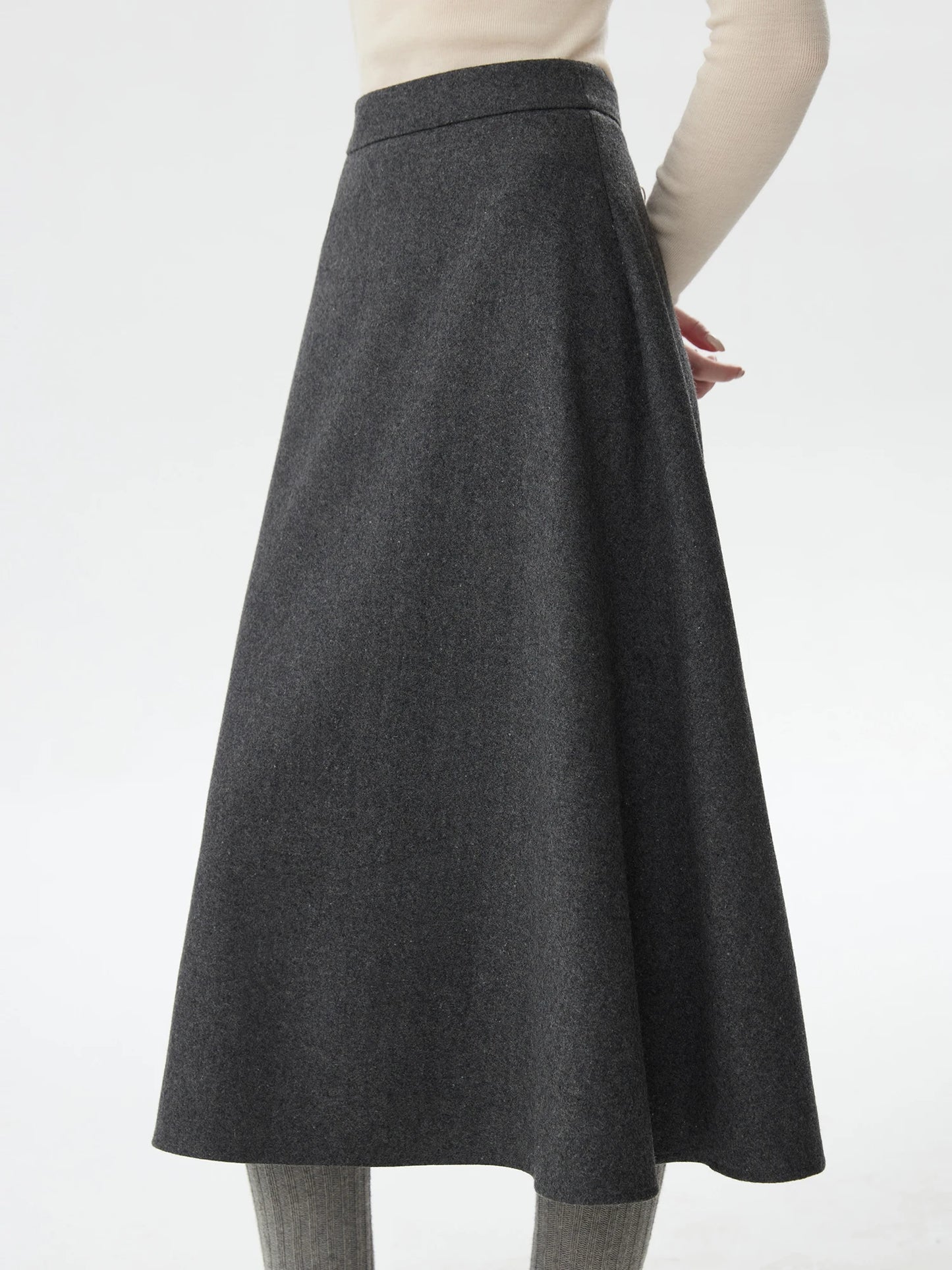Black Wool A-Line Midi Skirt