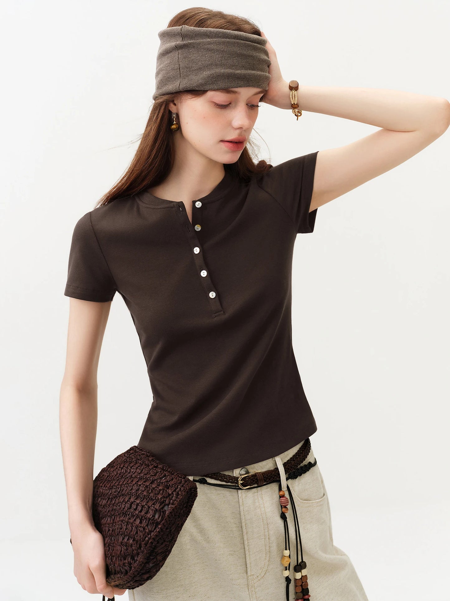 White Button Placket Lyocell Tee