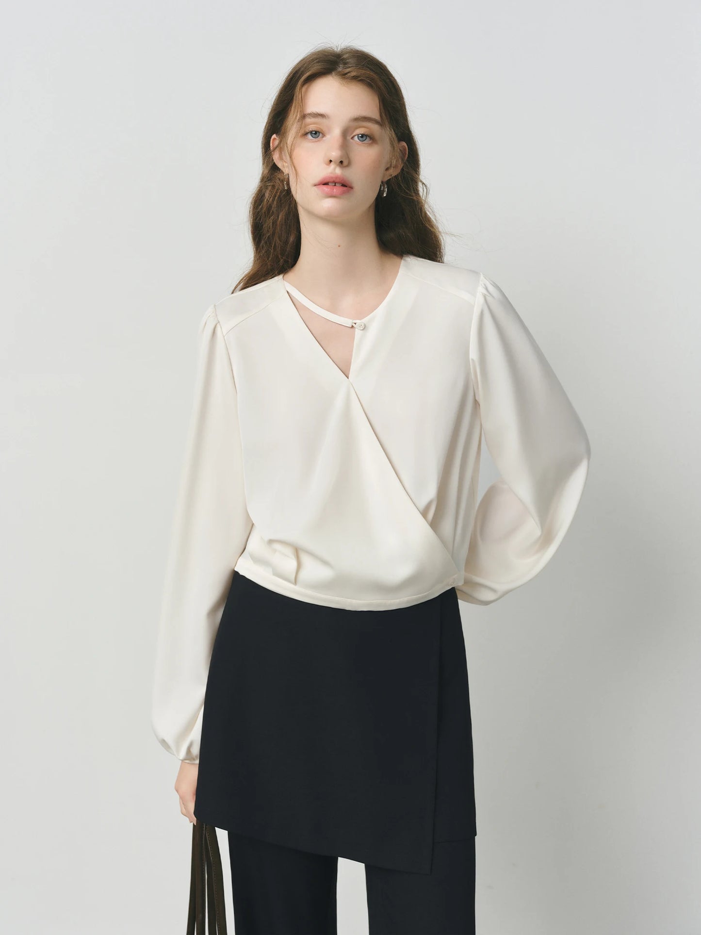 Ivory Wrap Front Satin Blouse