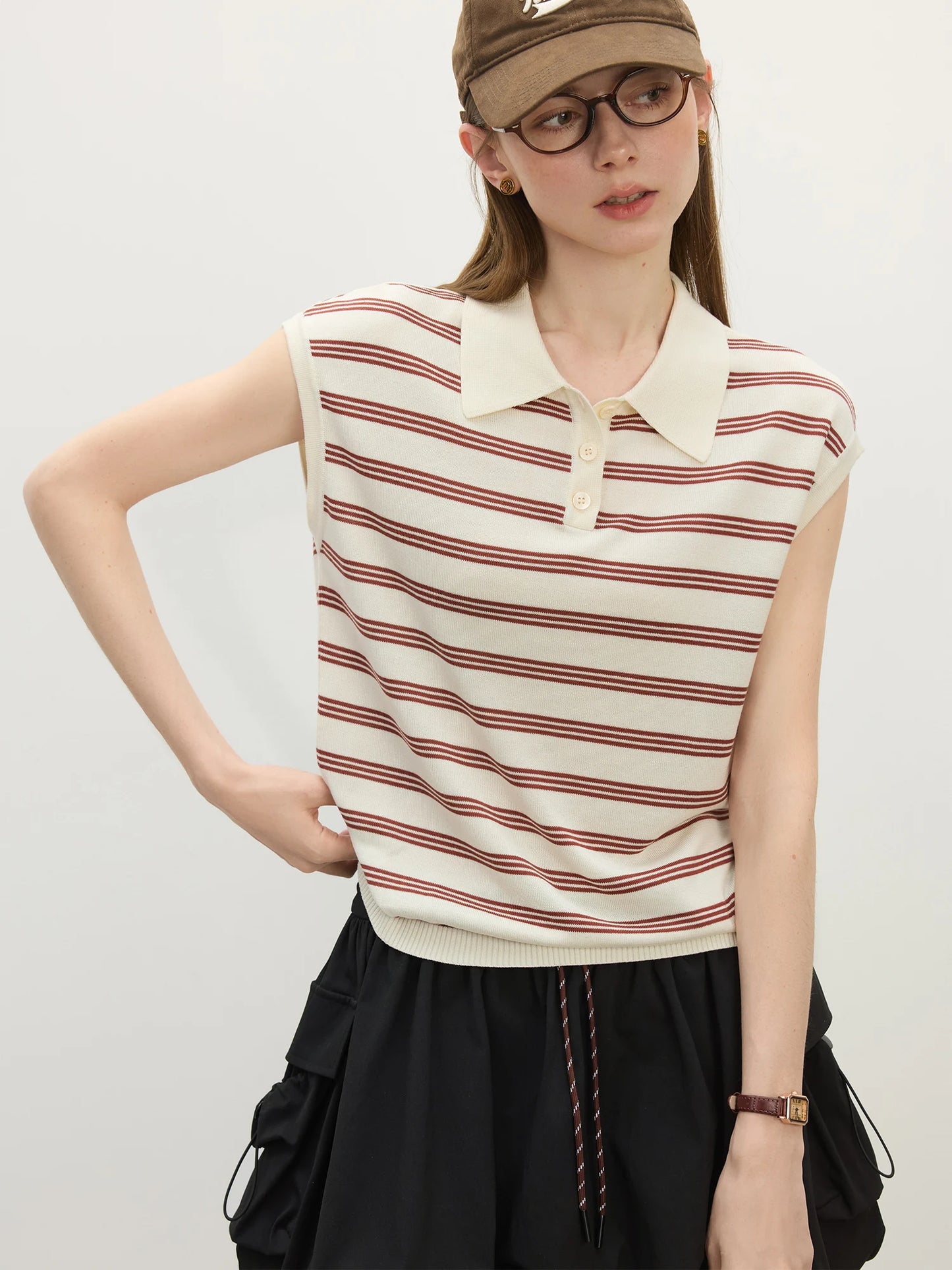 Navy Striped Sleeveless Polo Knit Top