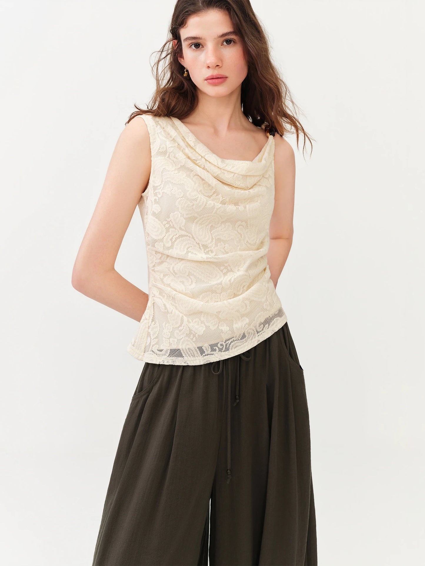 Ivory Draped Lace Sleeveless Top