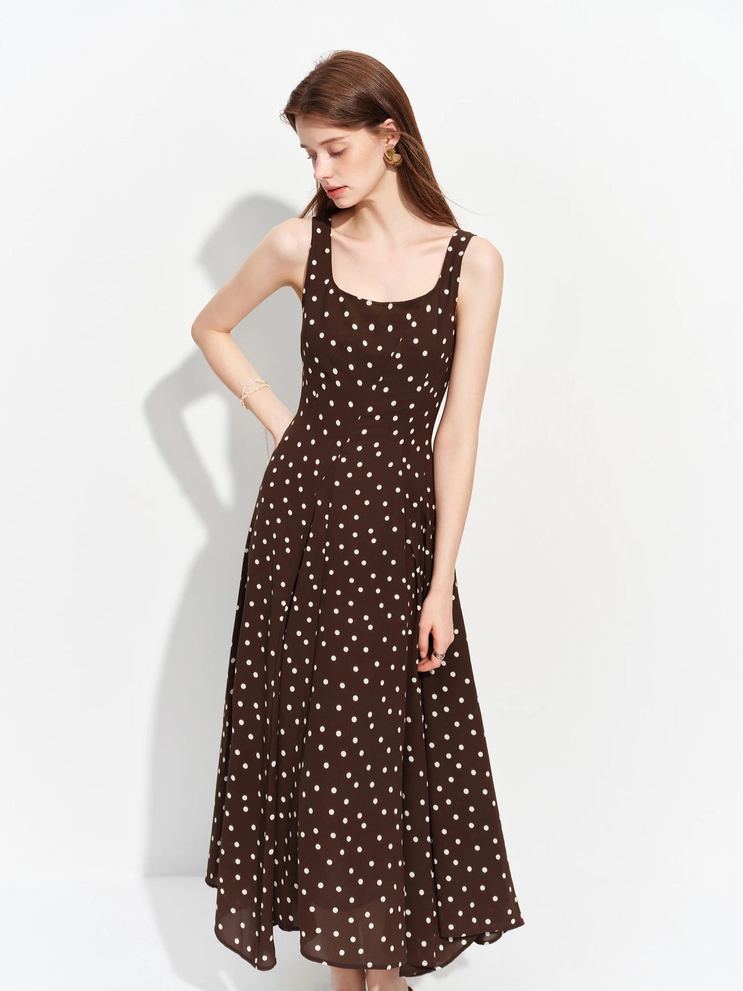 Brown Polka Dot Square Neck Maxi Dress