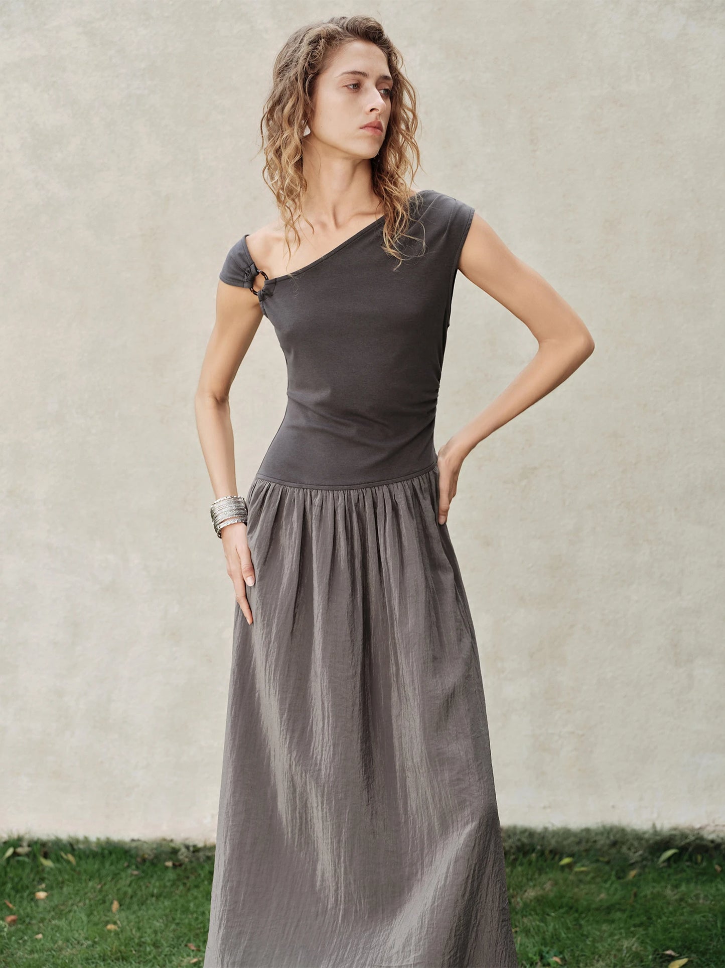Black Taupe Asymmetric Panel Maxi Dress