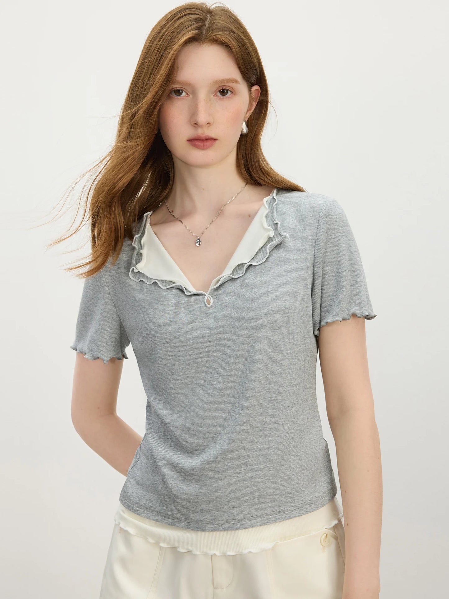 Black Ruffle Collar Fitted Knit Tee