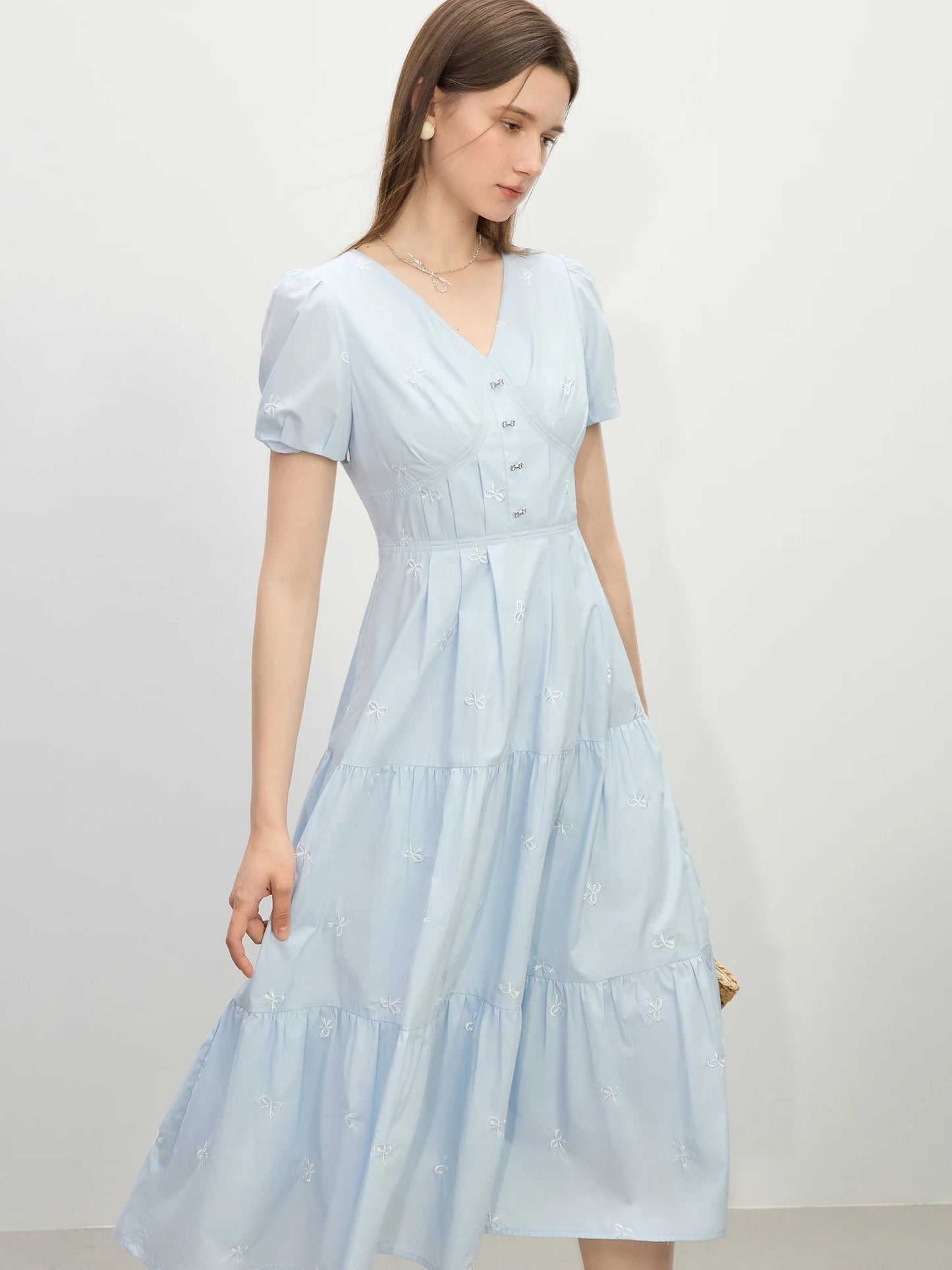 Pale Blue Tiered V-Neck Midi Dress