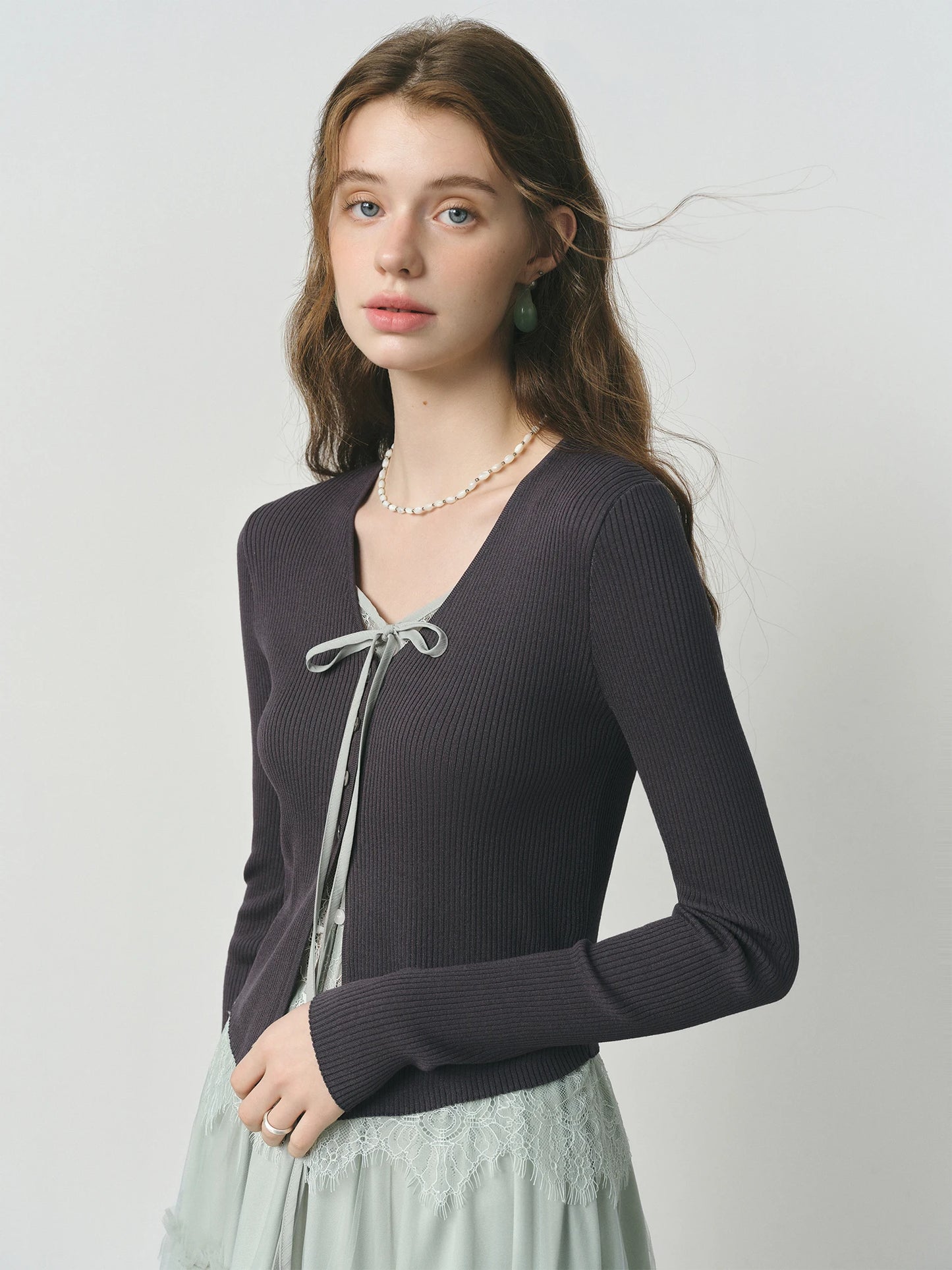 Charcoal Bow Front Fitted Cardigan