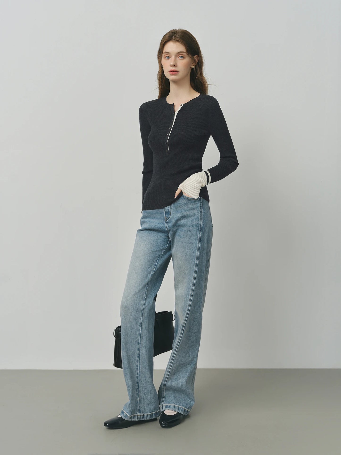 Black Contrast Cuff Henley Knit Top