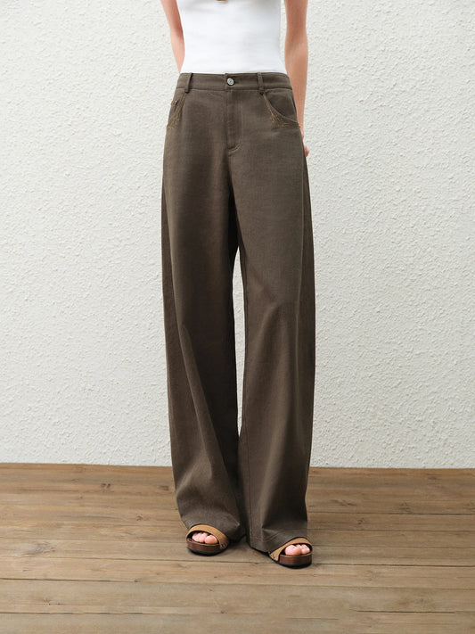 Brown Embroidered Wide Leg Jeans