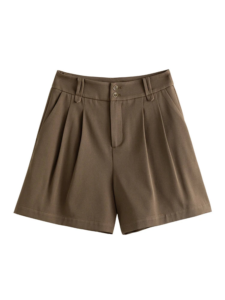 Brown Pleated Belted Bermuda Shorts