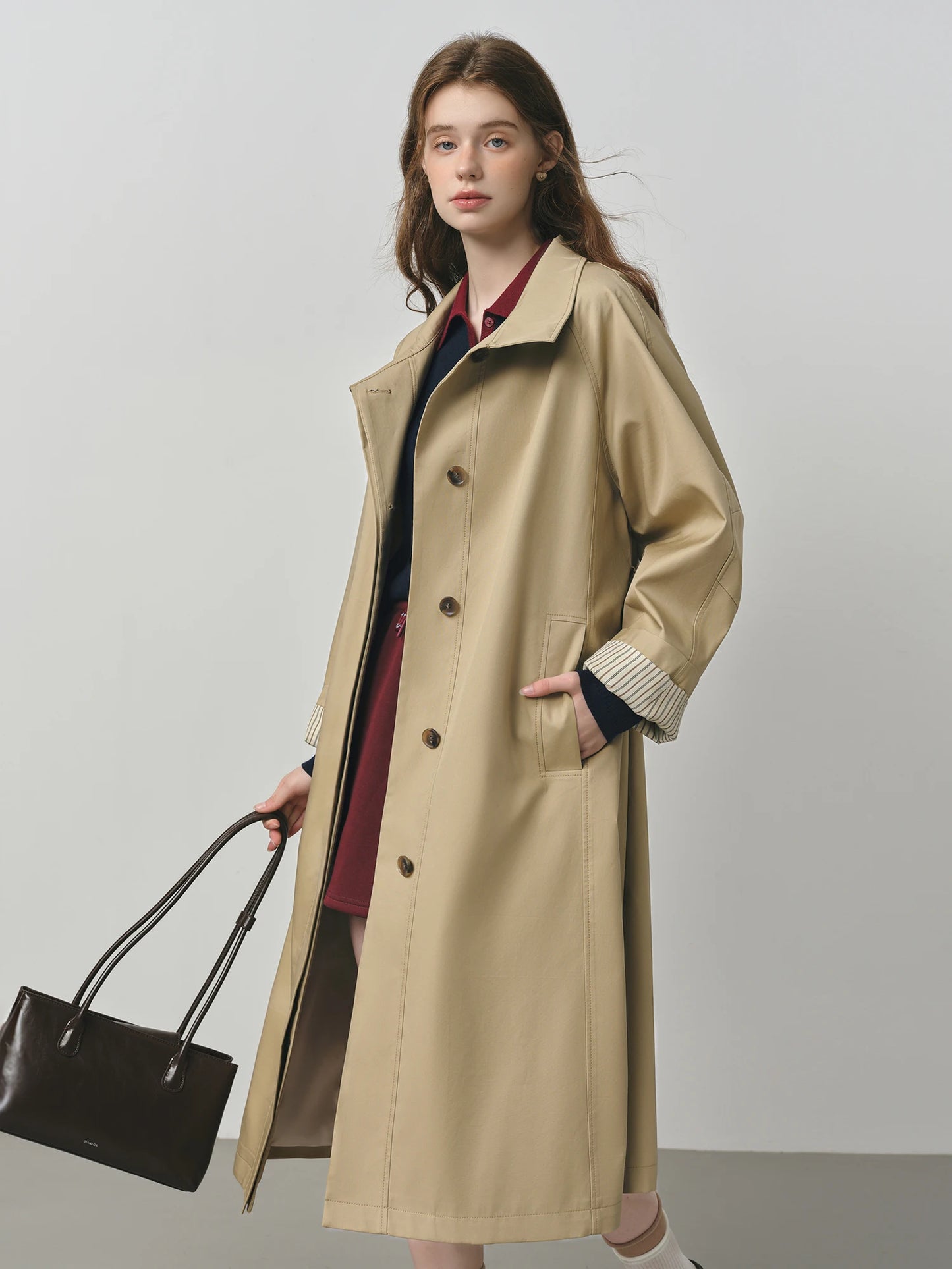 Light Grey Stand Collar Belted Trench