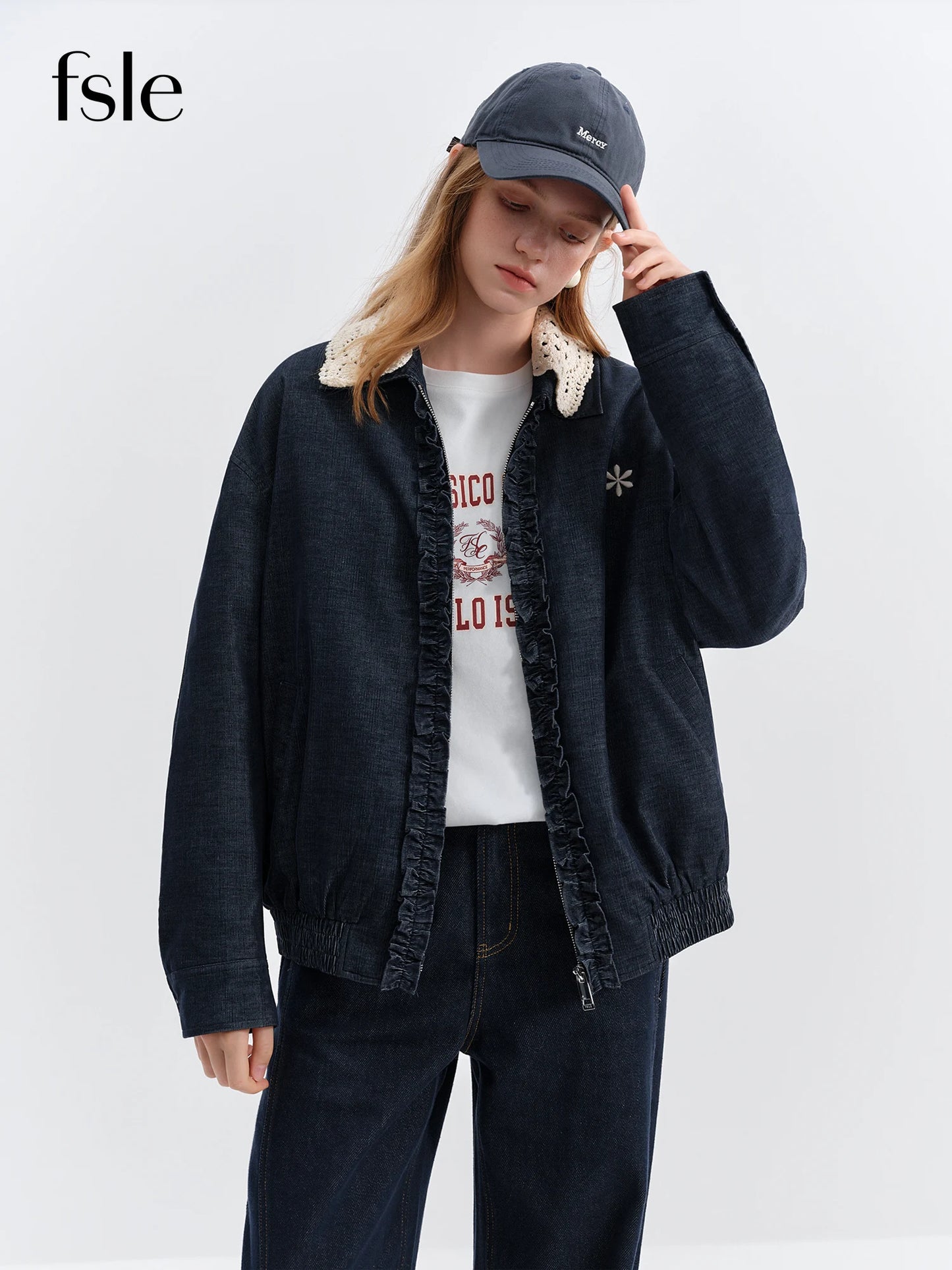 Dark Indigo Lace Collar Denim Jacket