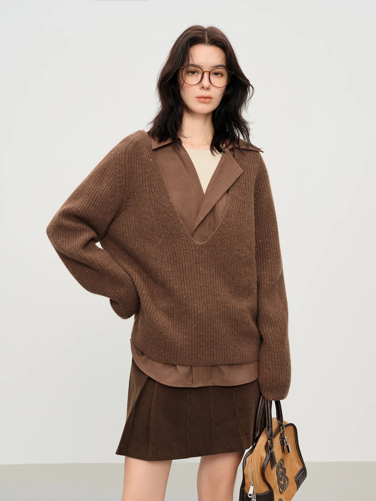 Grey Relaxed V Neck Wool Sweater