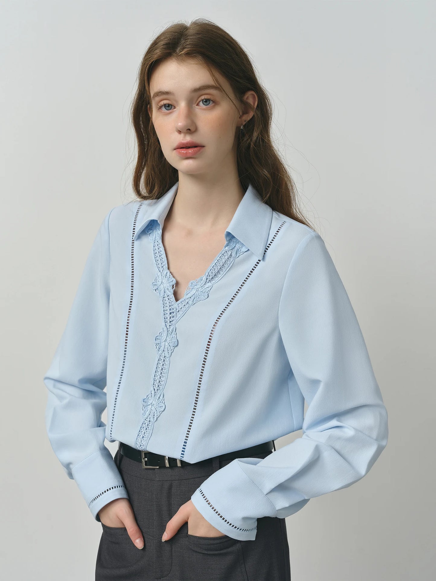 White Lace Panel V Neck Blouse