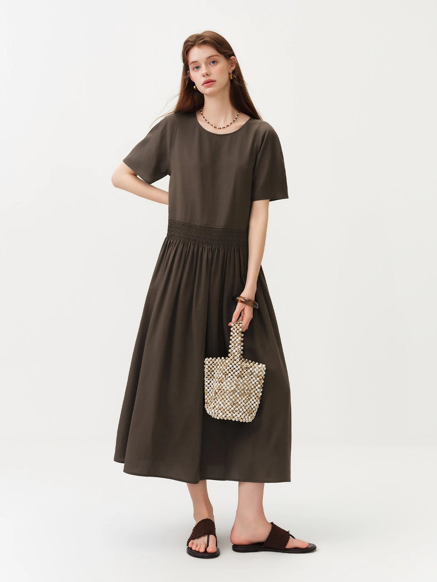 Brown Gathered Waist Maxi Dress