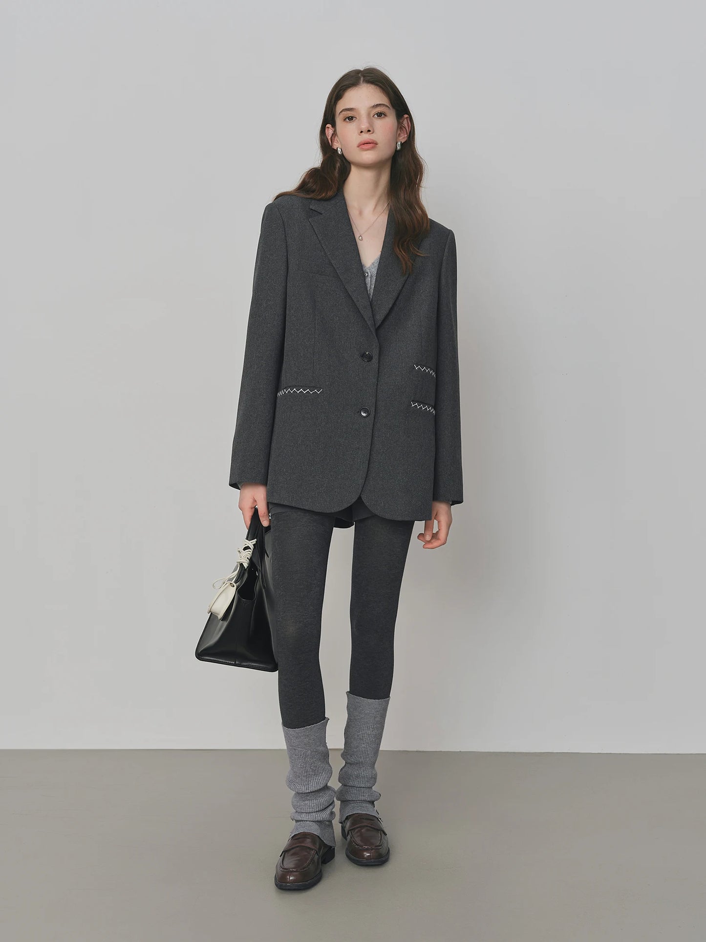 Charcoal Contrast Piping Relaxed Blazer
