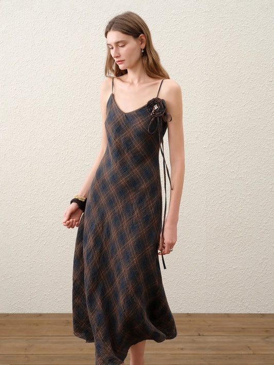 Brown Plaid Slip Midi Dress