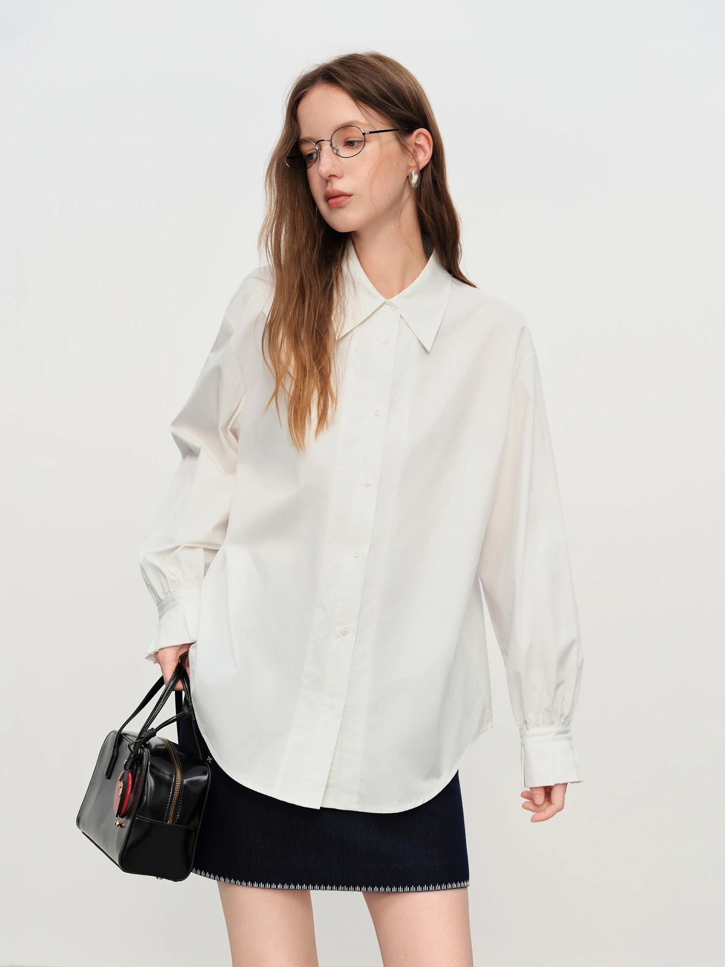 White Pleated Collar Cotton Shirt