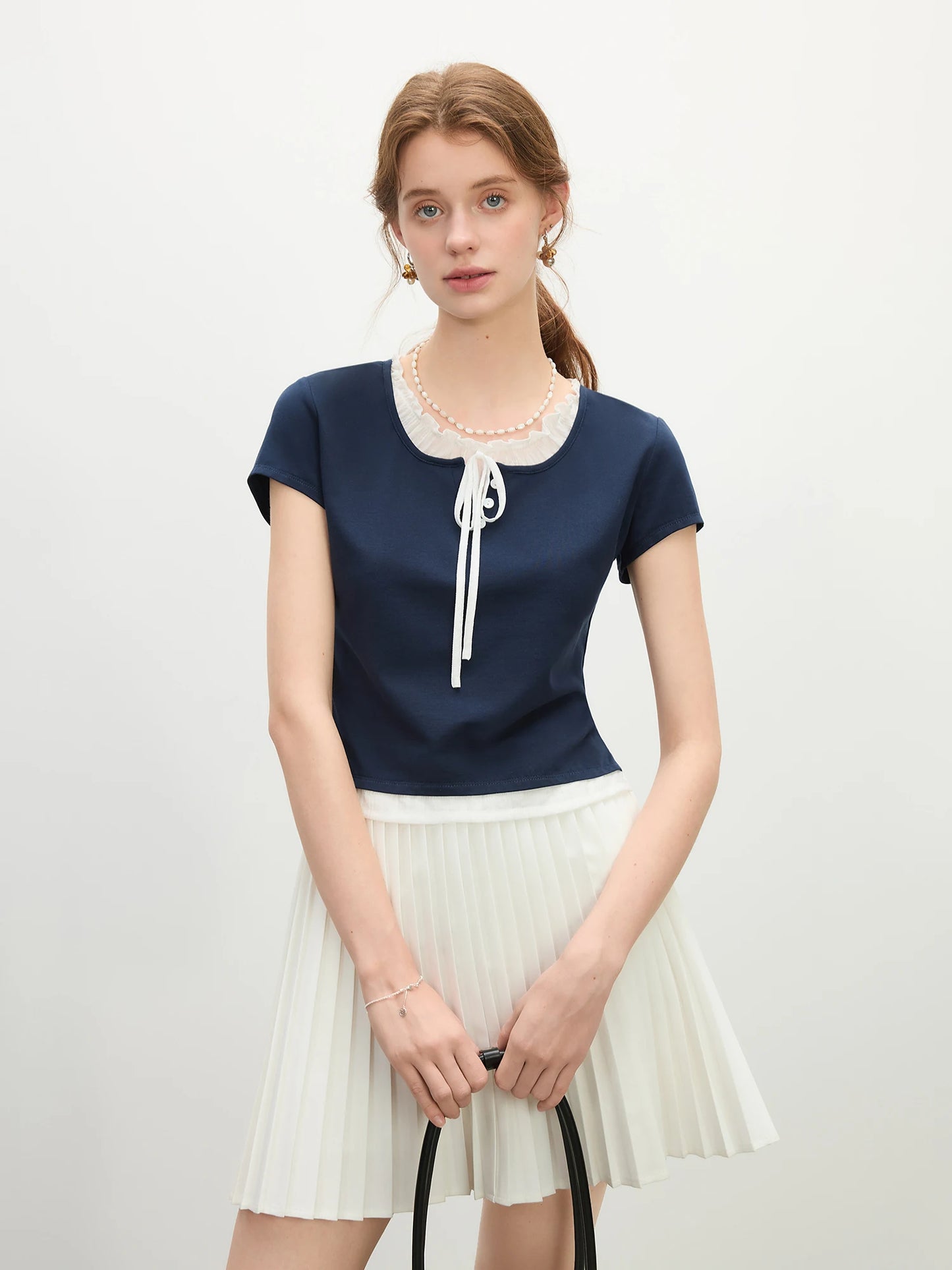 Navy Bow Trim Fitted Knit Tee