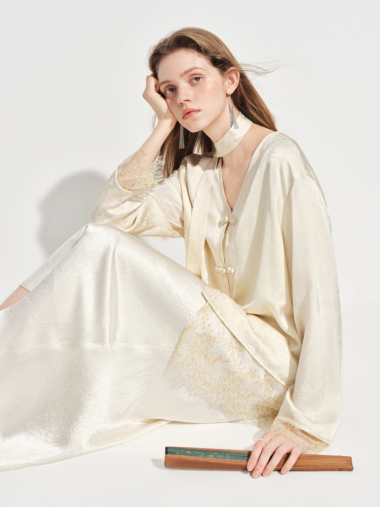 Ivory Jacquard Mandarin Collar Blazer