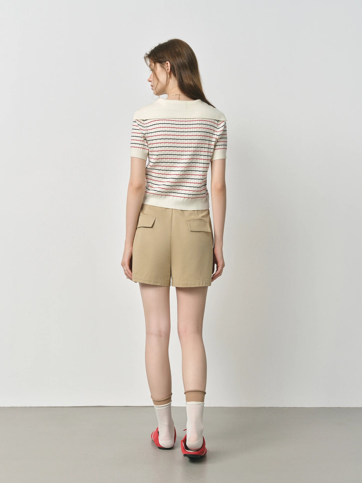 Ivory Striped Short Sleeve Polo Top