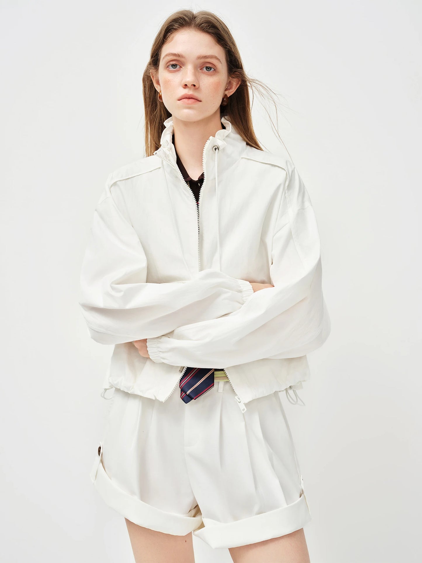 White Stand Collar Utility Jacket