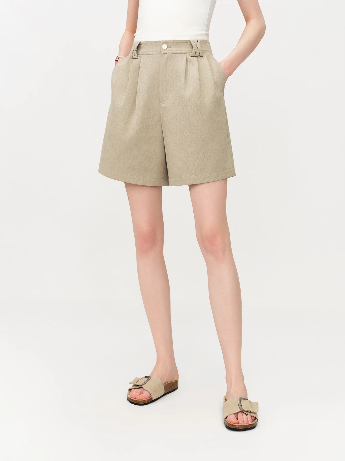 Beige Pleated Linen Blend Shorts