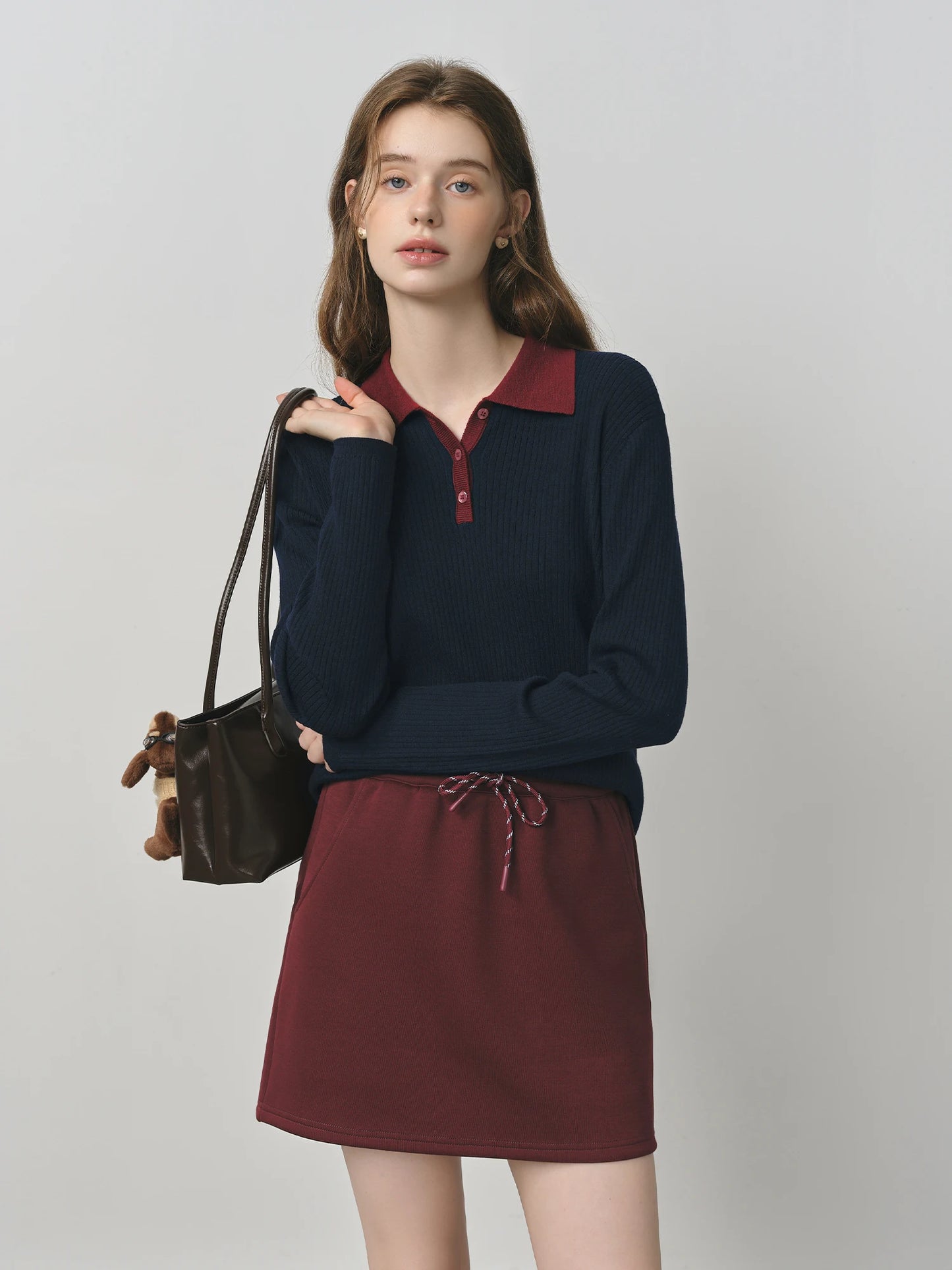 Chocolate Contrast Collar Polo Knit Top