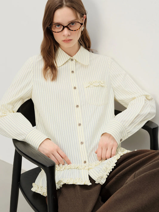 Ivory Striped Ruffle Hem Shirt