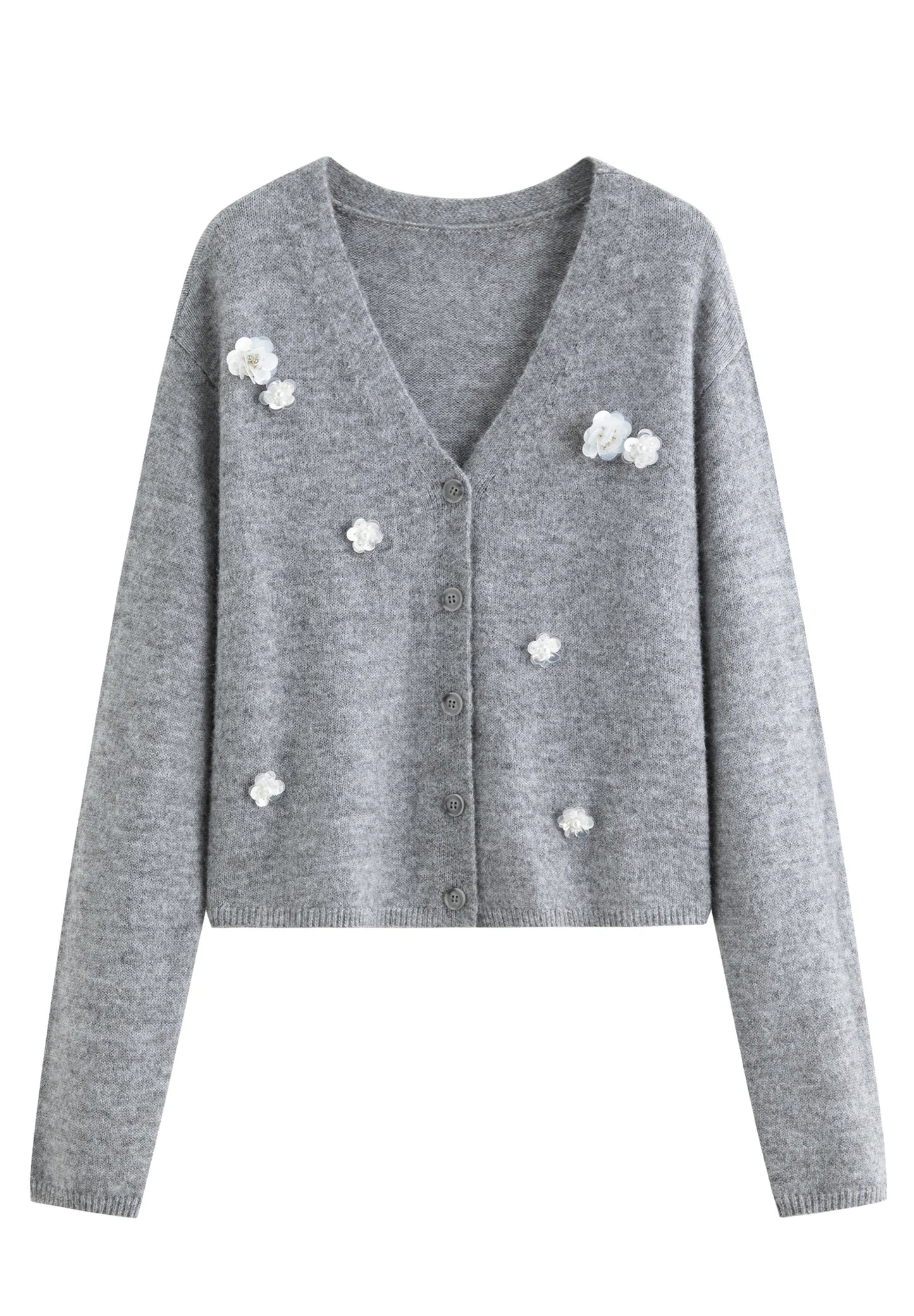 Grey Floral Beaded V Neck Cardigan