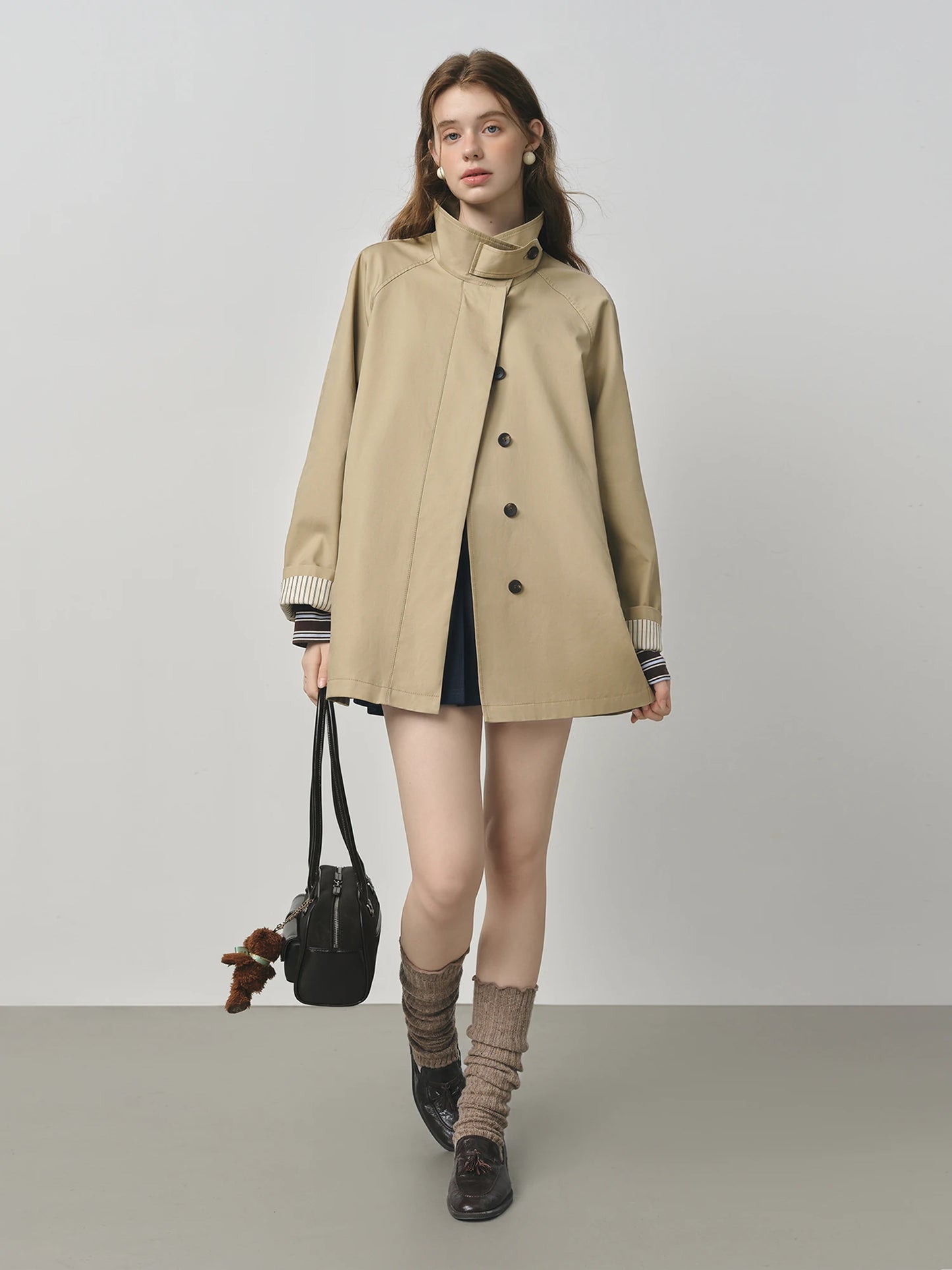 Light Grey Stand Collar Belted Trench