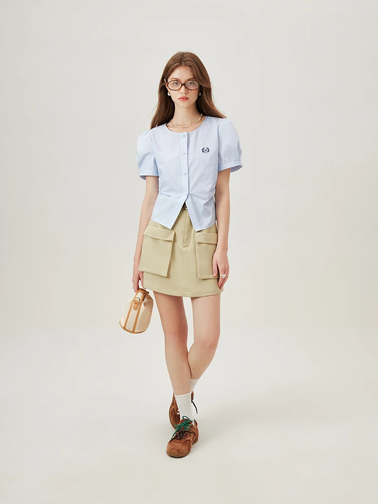 Pale Blue Short Sleeve Button Blouse