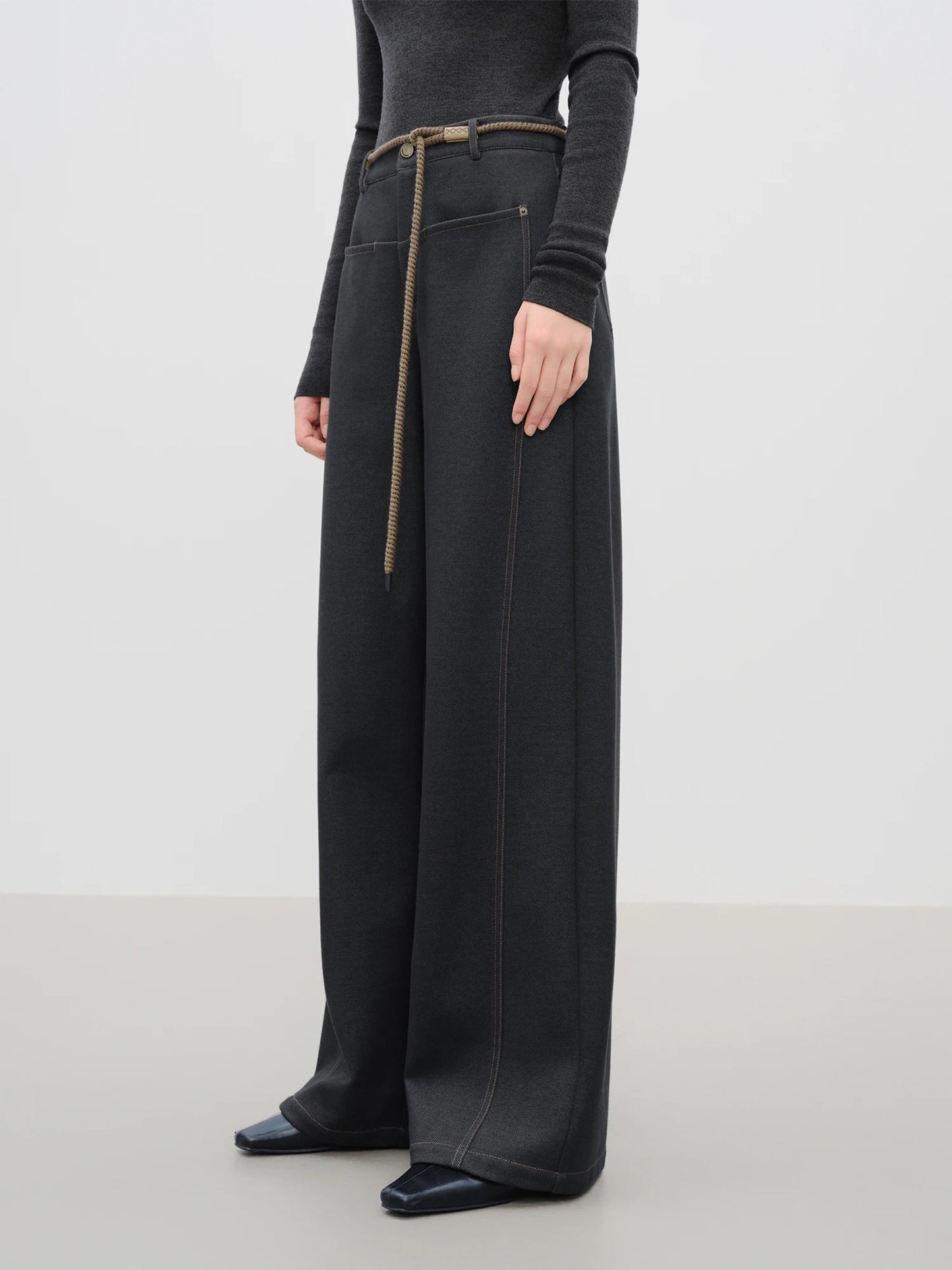 Black Belted Wide Leg Jeans