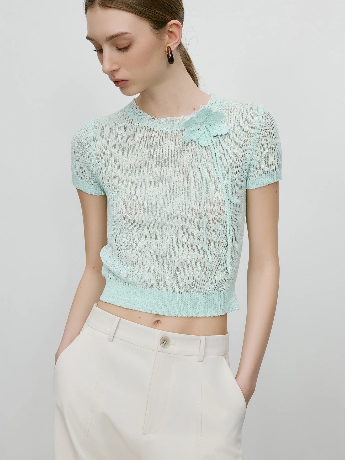 Beige Ruffle Neck Short Sleeve Knit