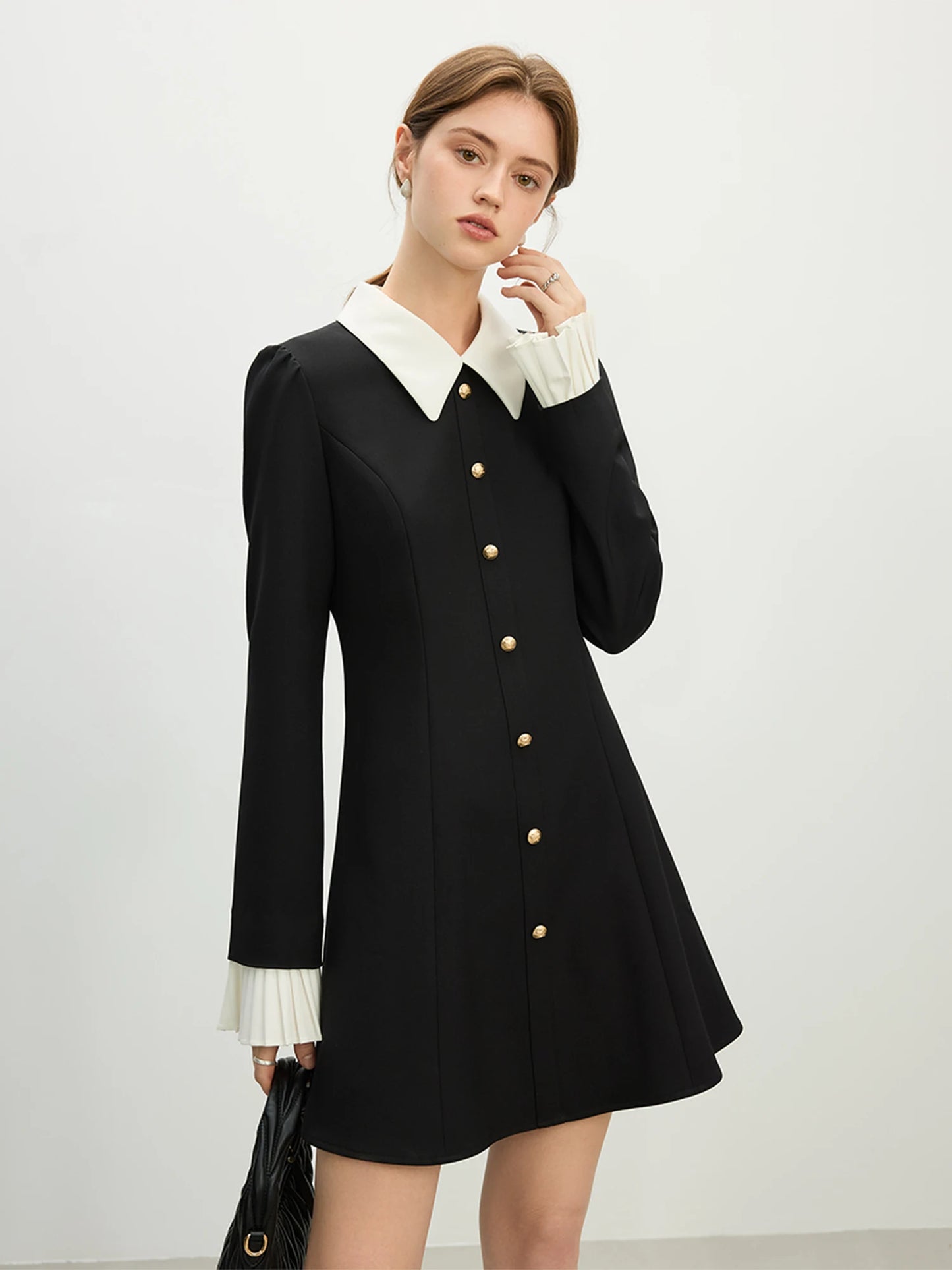 Black Contrast Collar Coat Dress
