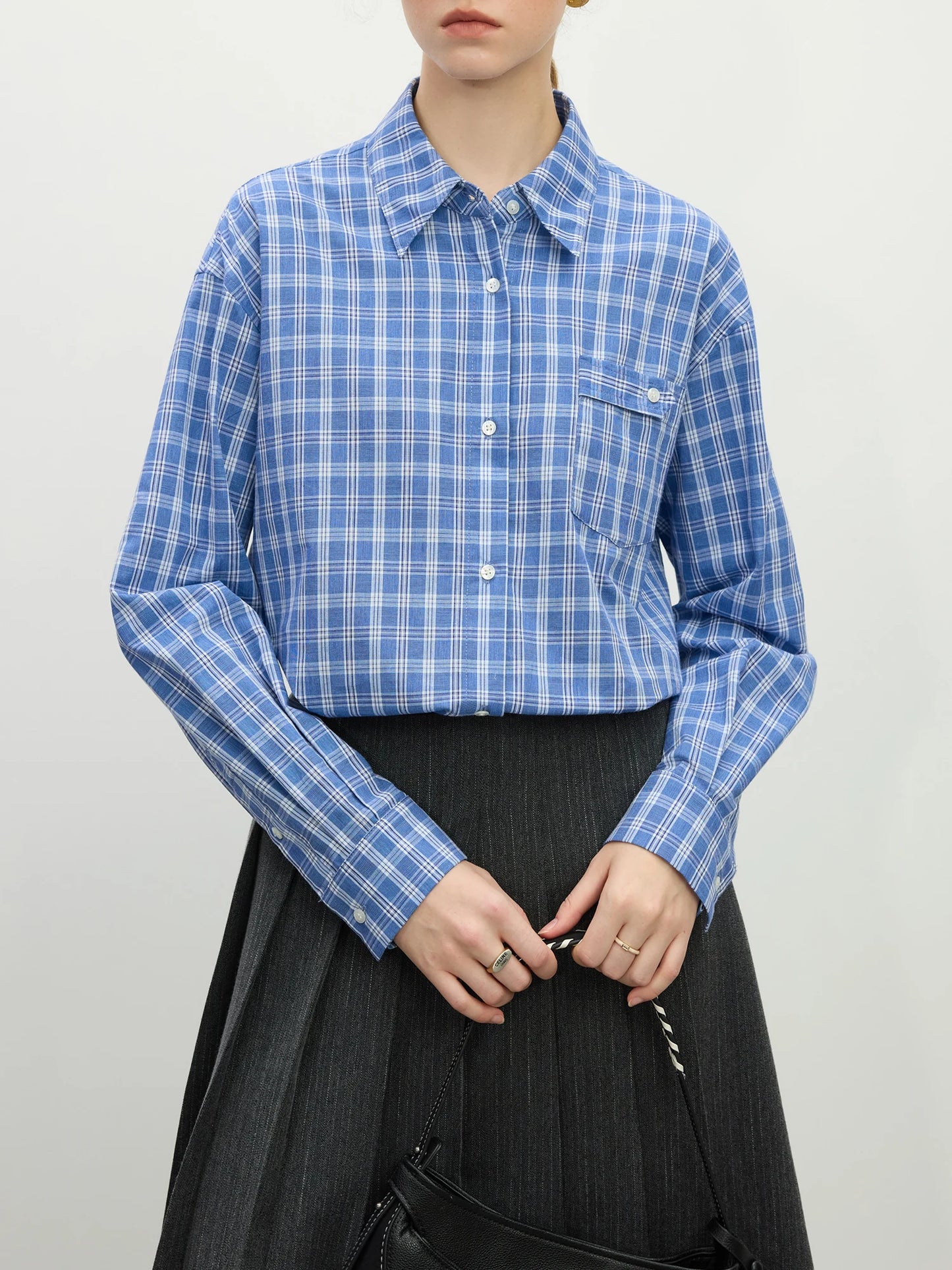 Blue Gingham Cropped Button Shirt