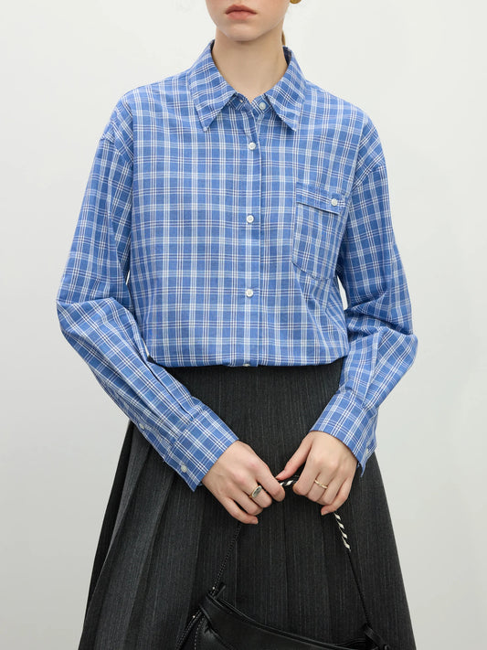 Blue Gingham Cropped Button Shirt