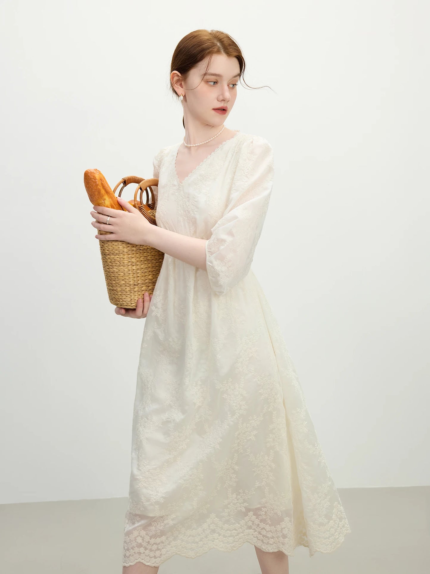 Ivory Lace Puff Sleeve Midi Dress