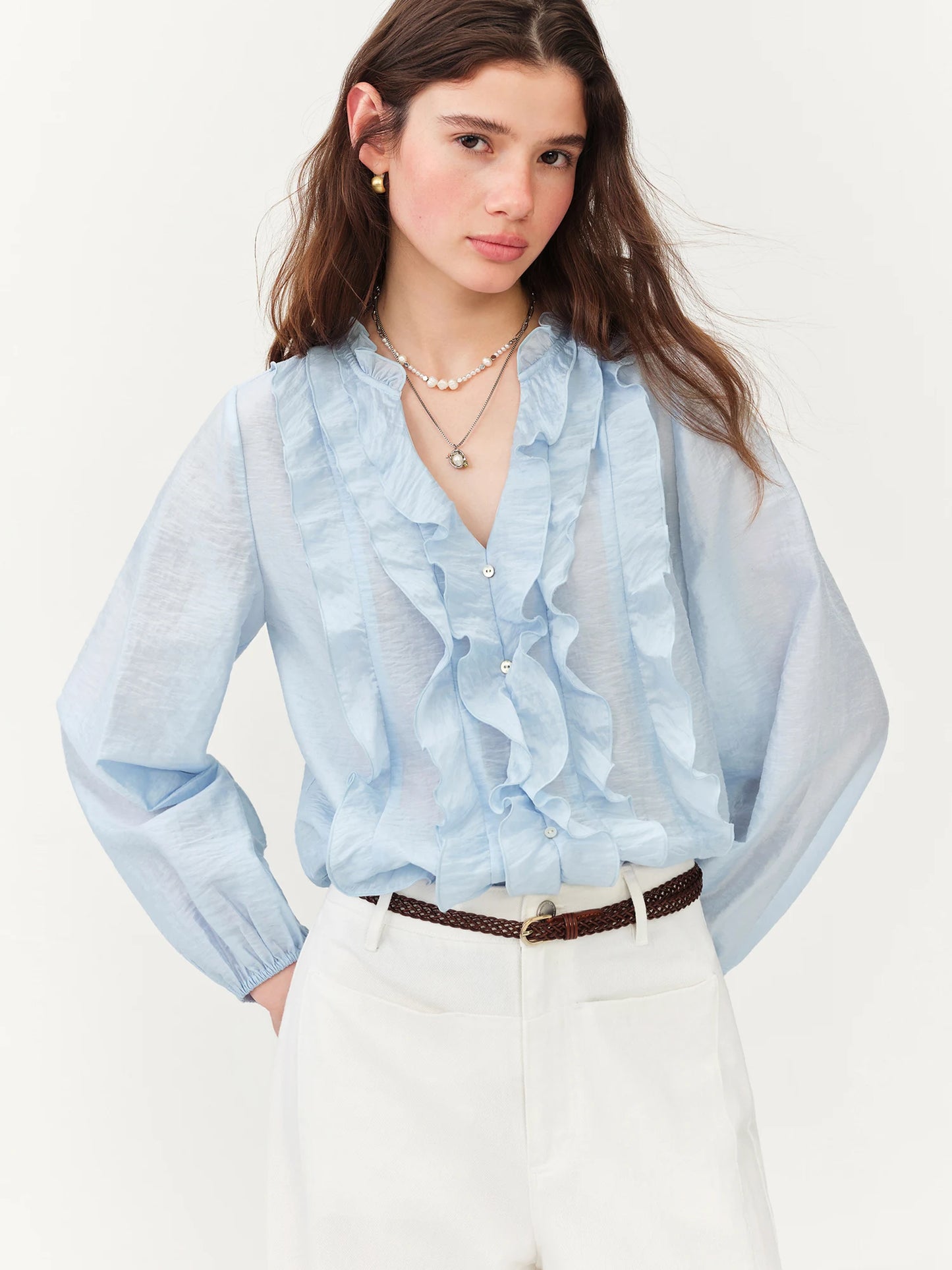 Pale Blue Ruffle Front Blouse