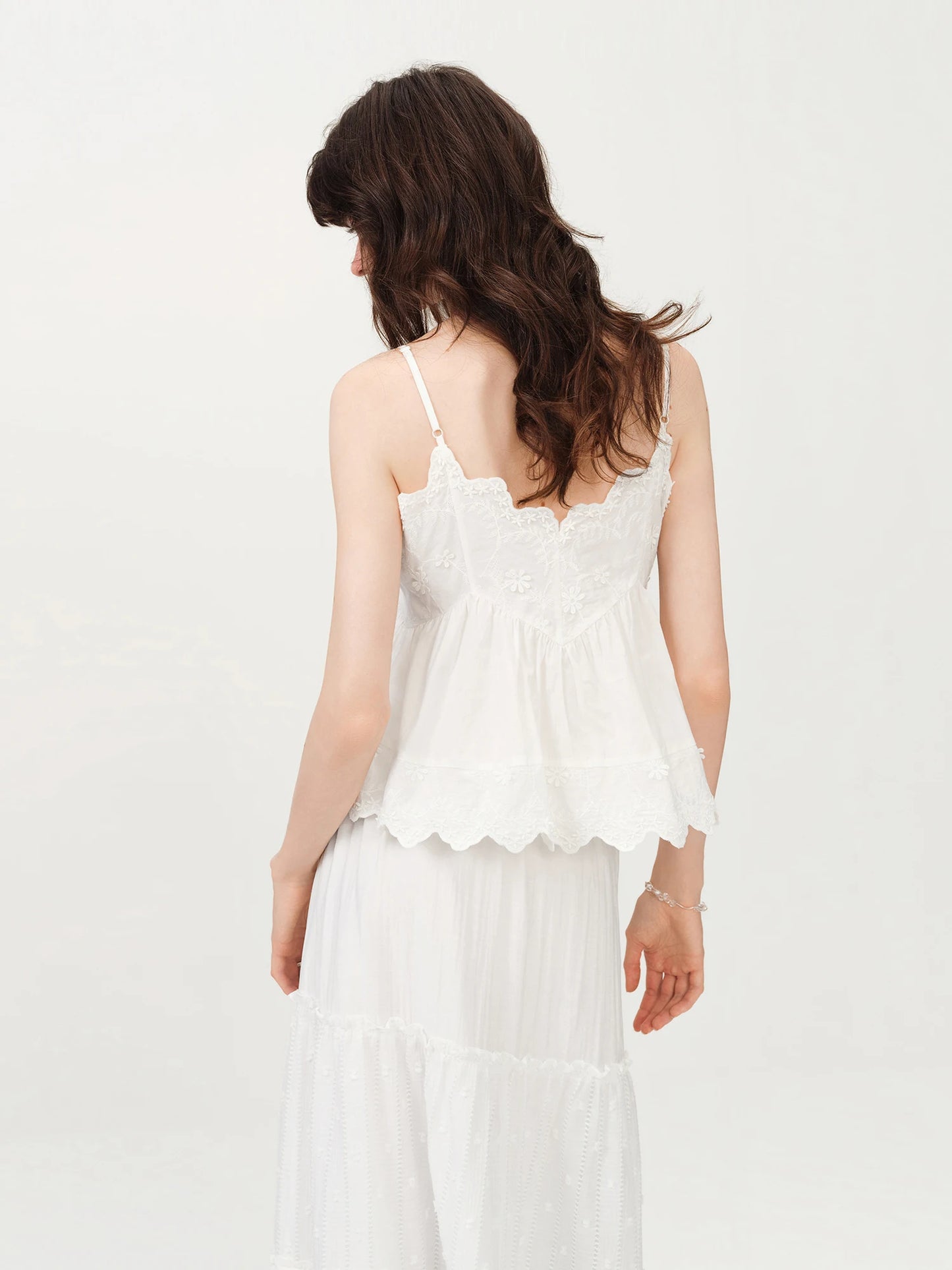 White Embroidered Ruffle Camisole Top