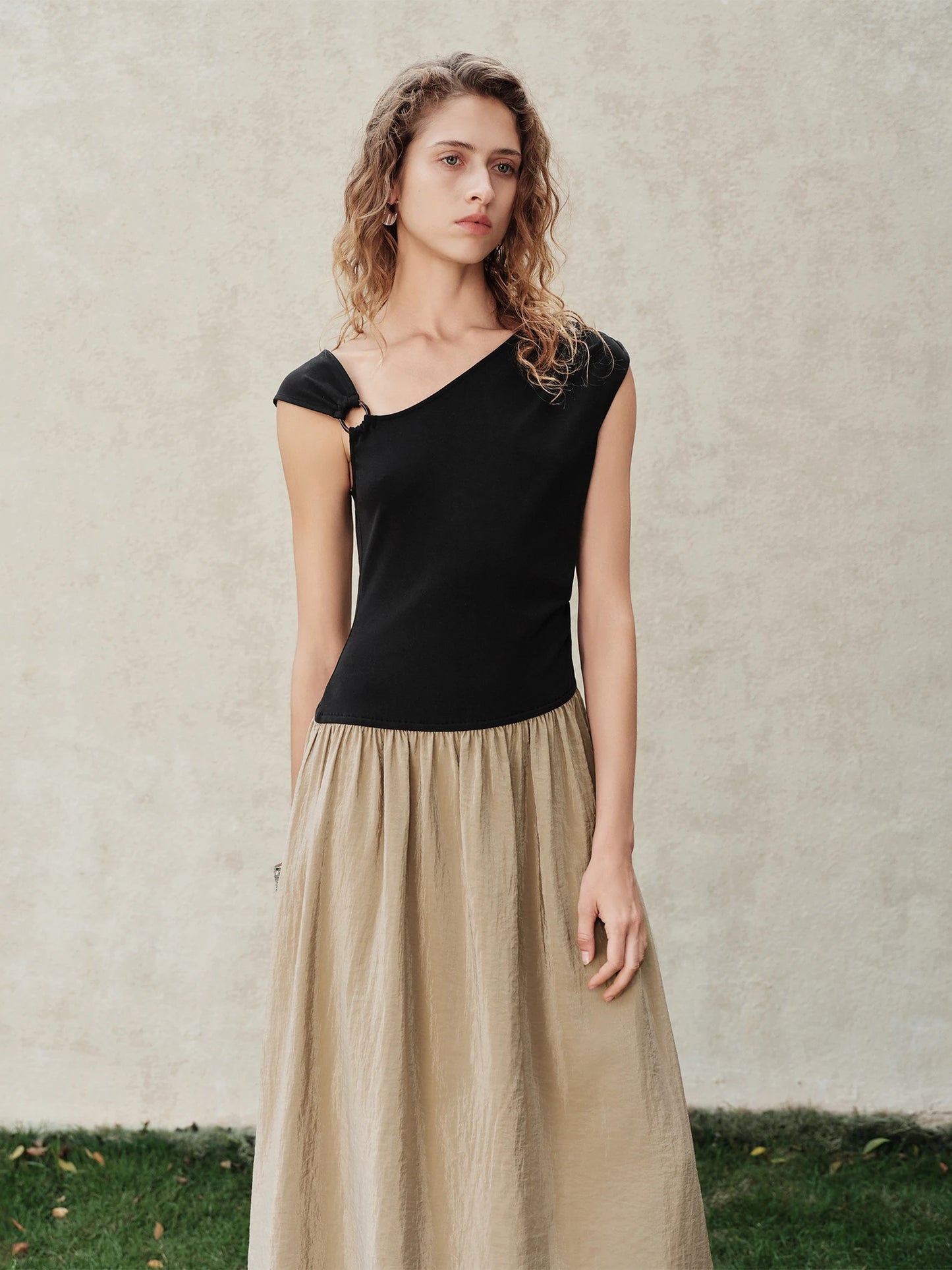 Black Taupe Asymmetric Panel Maxi Dress